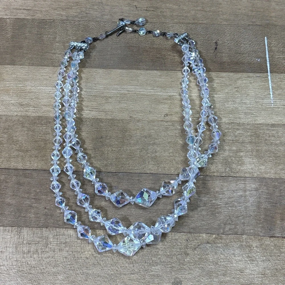 Vintage AB Crystal Triple Strand Choker Necklace Gothic Glam Faceted Glass